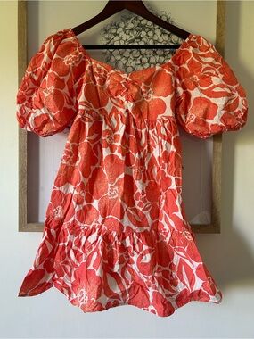 Billabong Orange and White Floral Puff-Sleeve Mini Dress